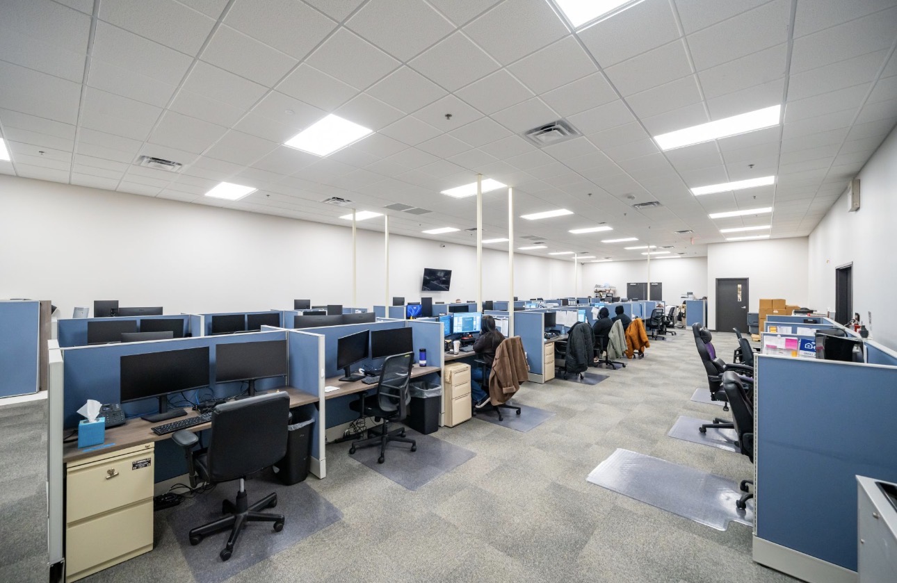 Staff break room with blue locker accents and washable finish