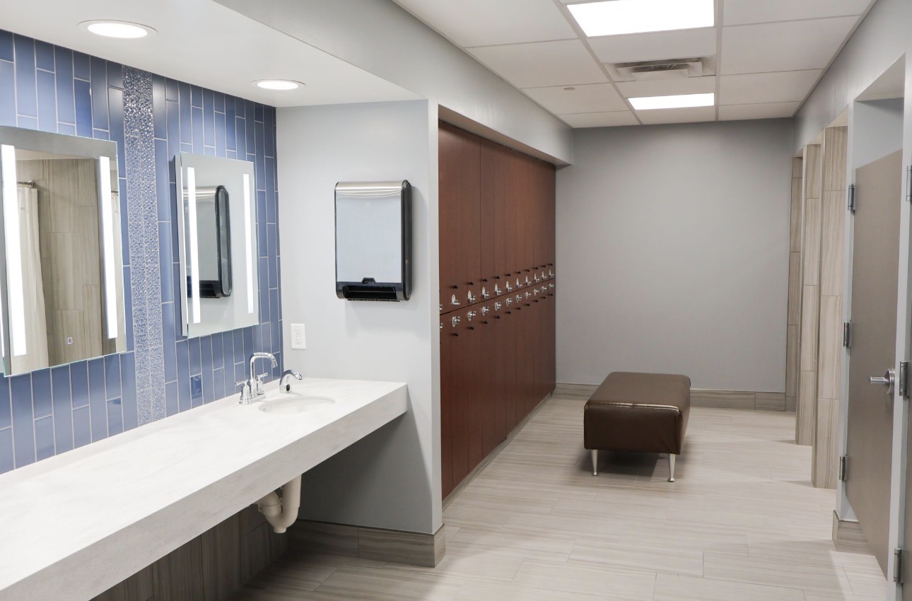 Locker room vanity and lockers finished to a washable standard