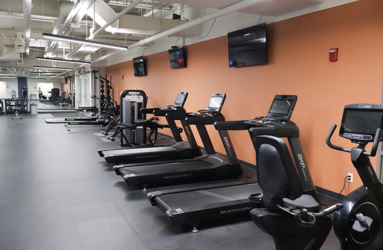 Cardio equipment run along a finished orange accent wall with sprayed overhead structure